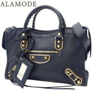 BALENCIAGA Metallic City Handbag Shoulder Crossbody Leather Navy Blue